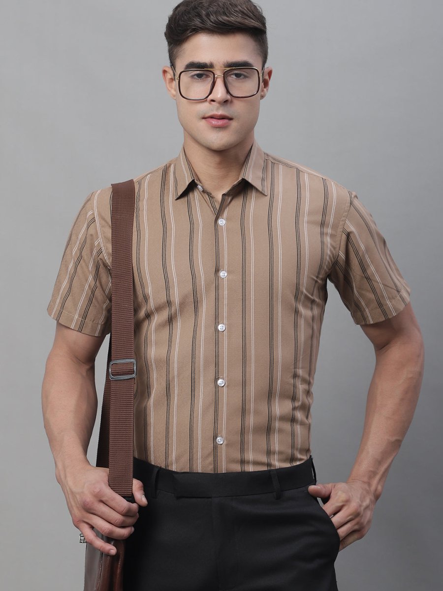 Men's Brown Striped Formal Shirt - SF_879Brown_S