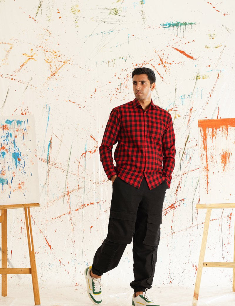 Men's Buffalo Check Formal Shirt - SF_893Red_S