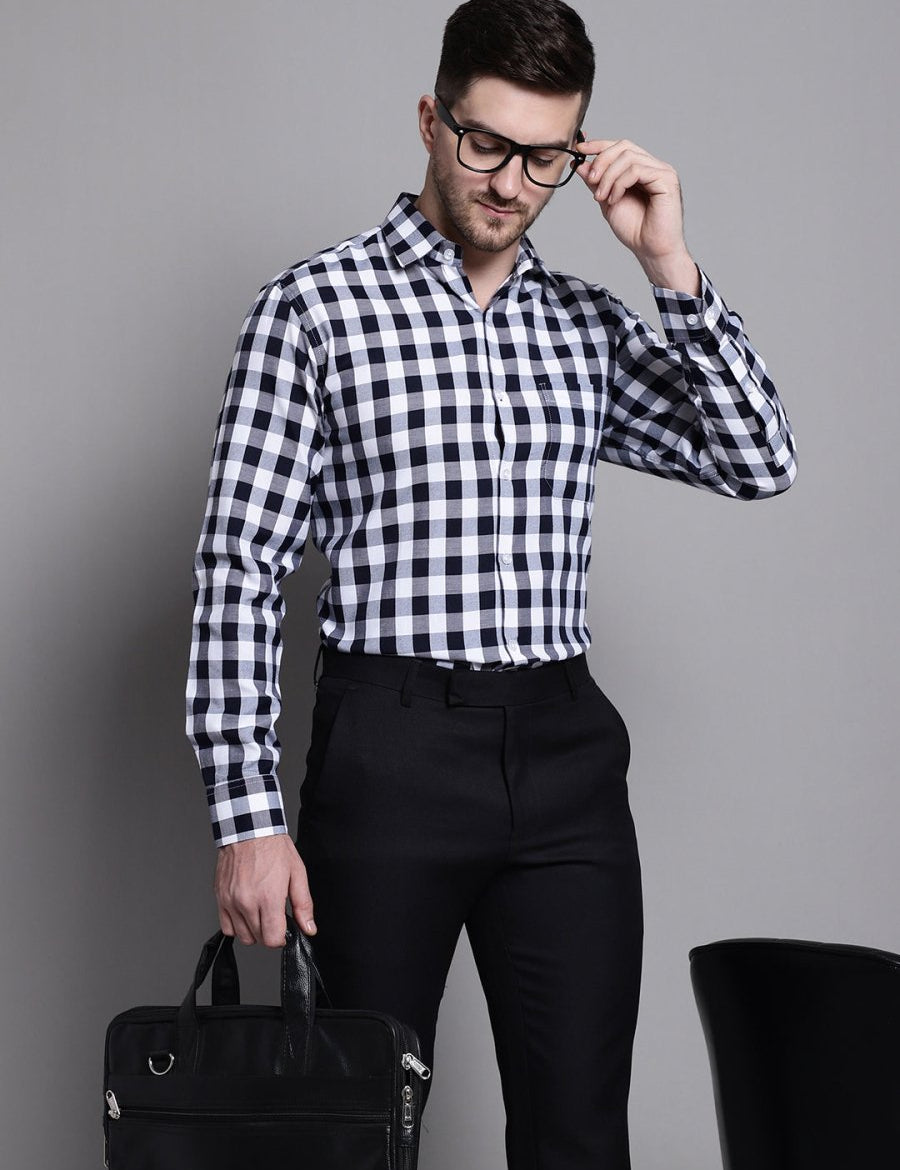 Men's Buffalo Check Formal Shirt - SF_893Navy_S