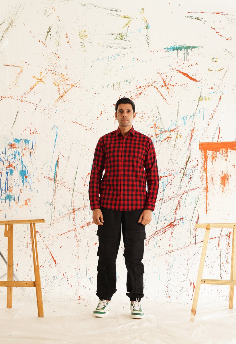 Men's Buffalo Check Formal Shirt - SF_893Red_S
