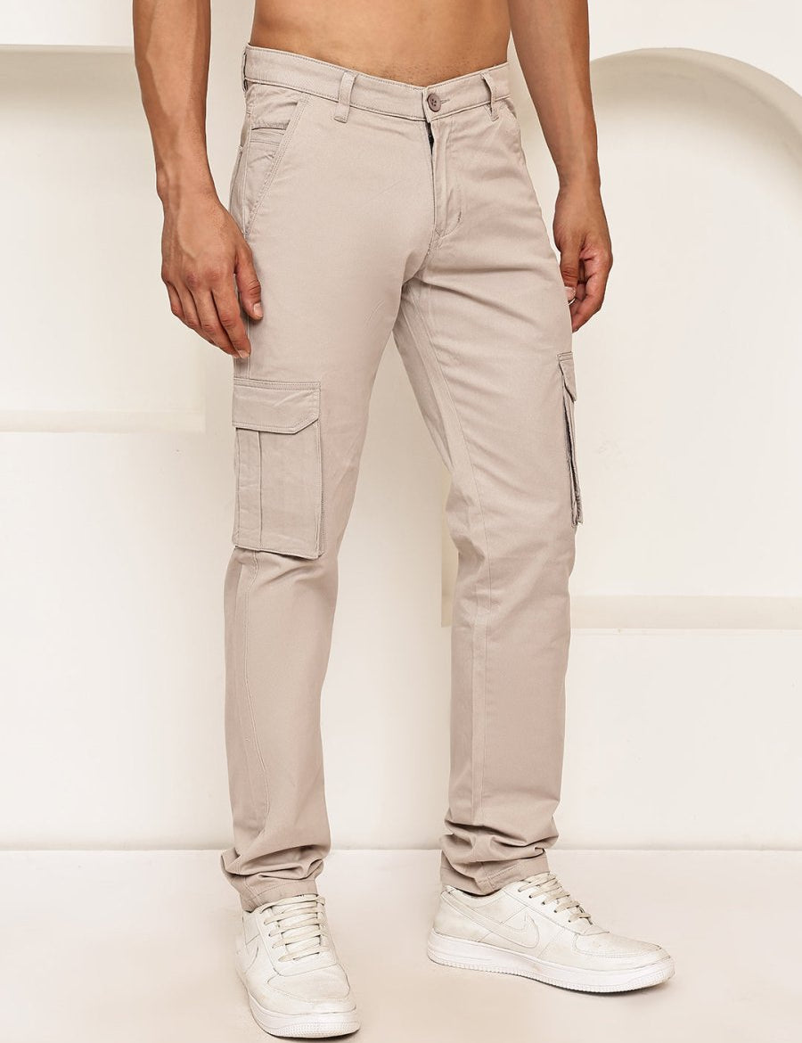 Men's Casual Cotton Blend Cargo Trousers - KGP_157Cream_30