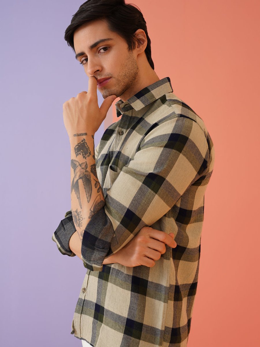 Men's Checked Casual Shirt. - SF_9010Olive_S