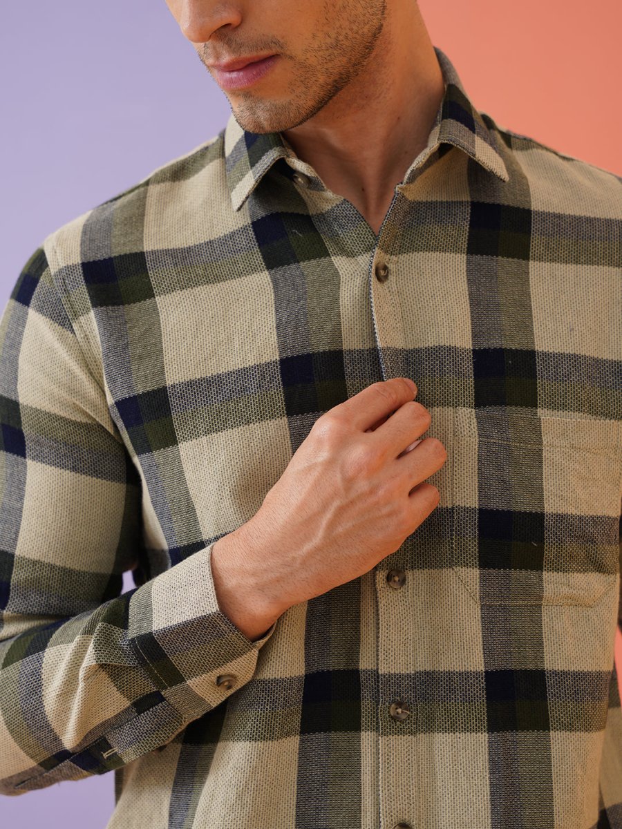 Men's Checked Casual Shirt. - SF_9010Olive_S