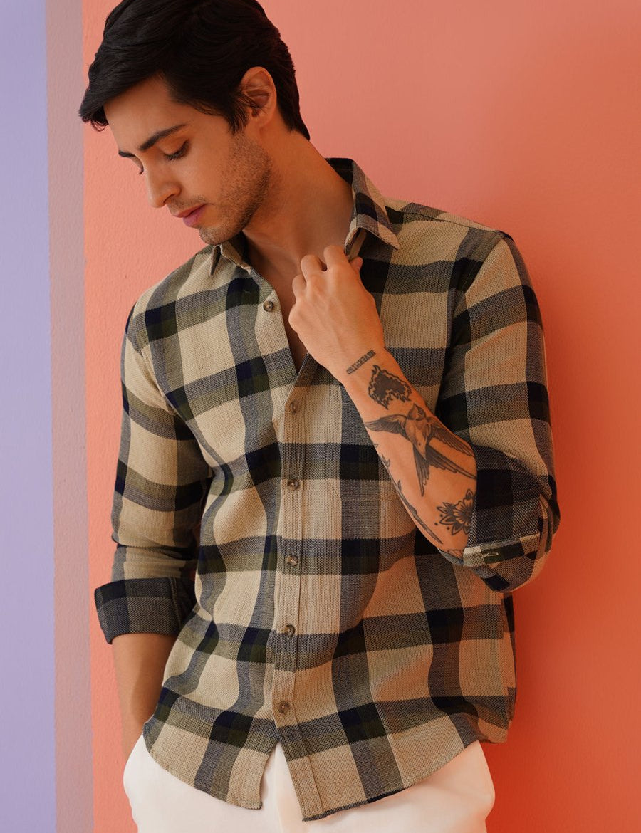 Men's Checked Casual Shirt. - SF_9010Olive_S