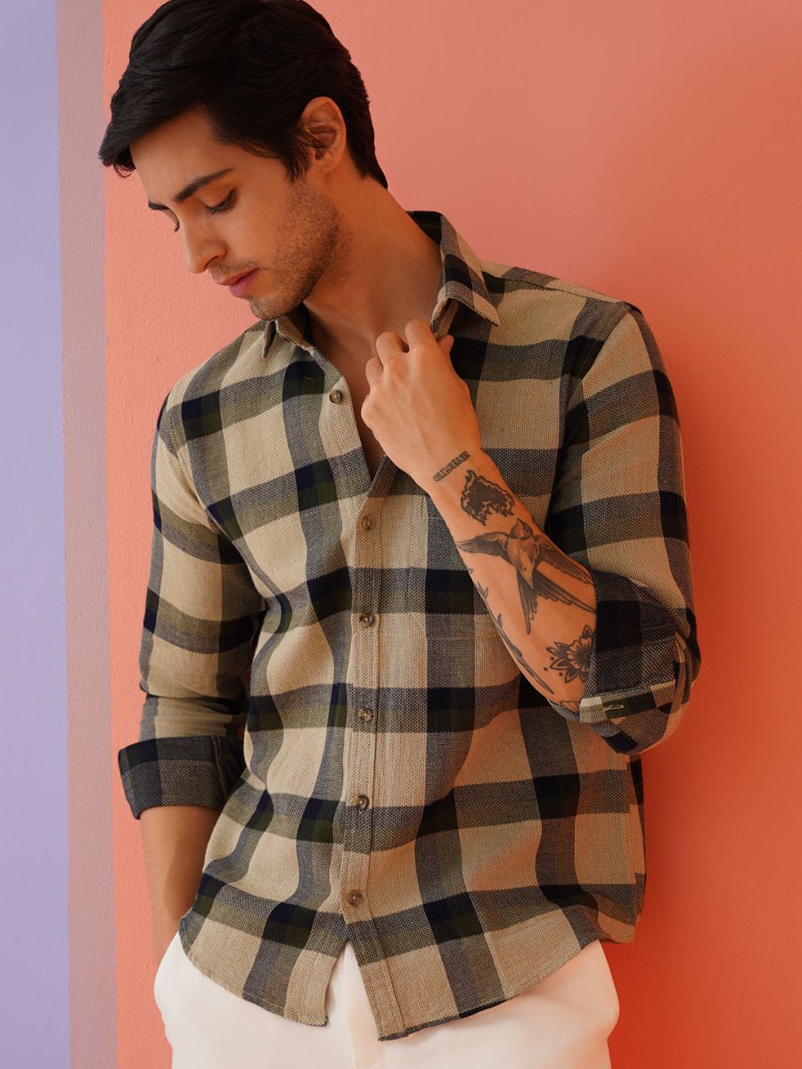 Men's Checked Casual Shirt. - SF_9010Olive_S