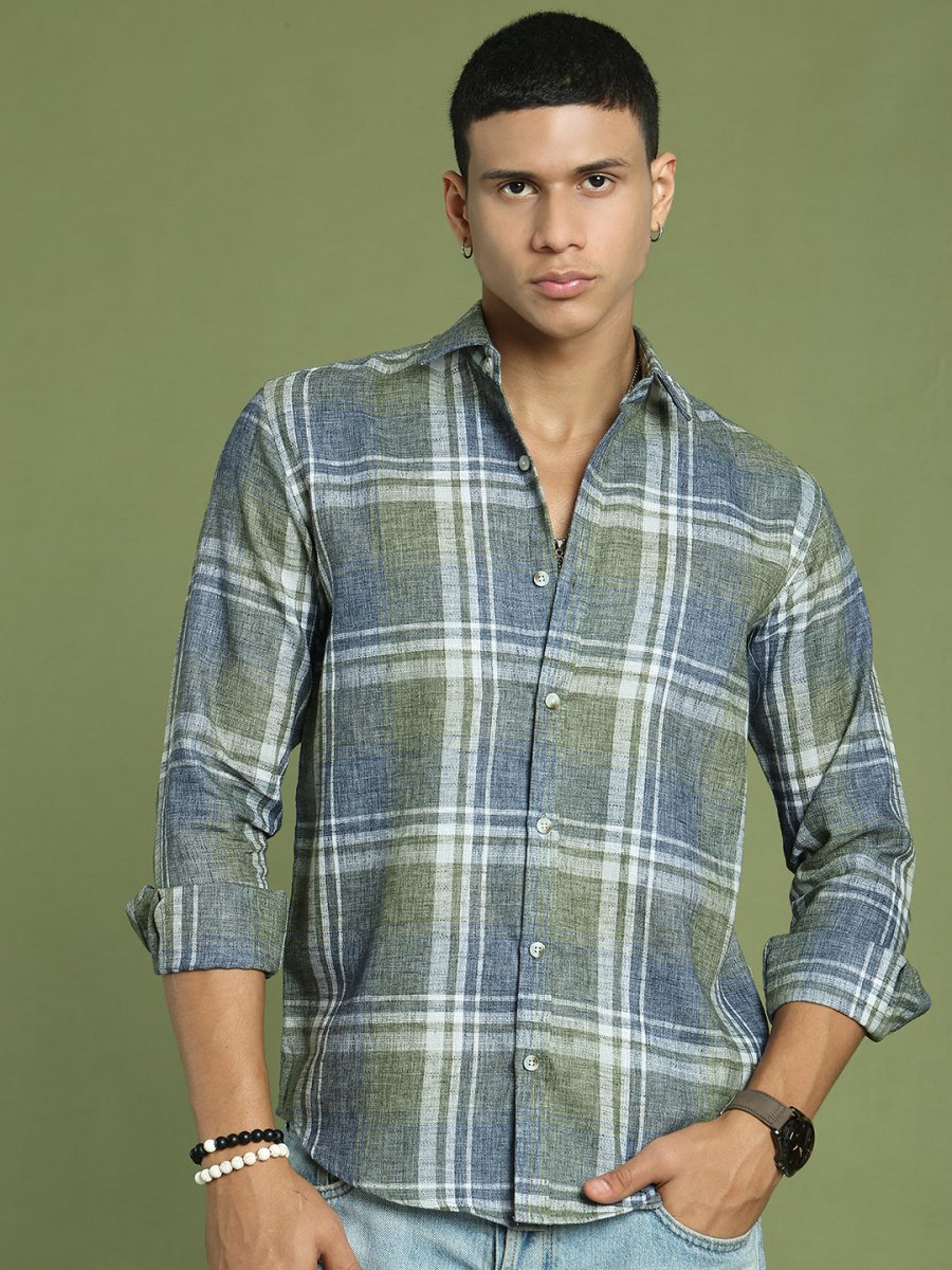 Men's Checked Regular Fit Shirt - SF_9046Green_S
