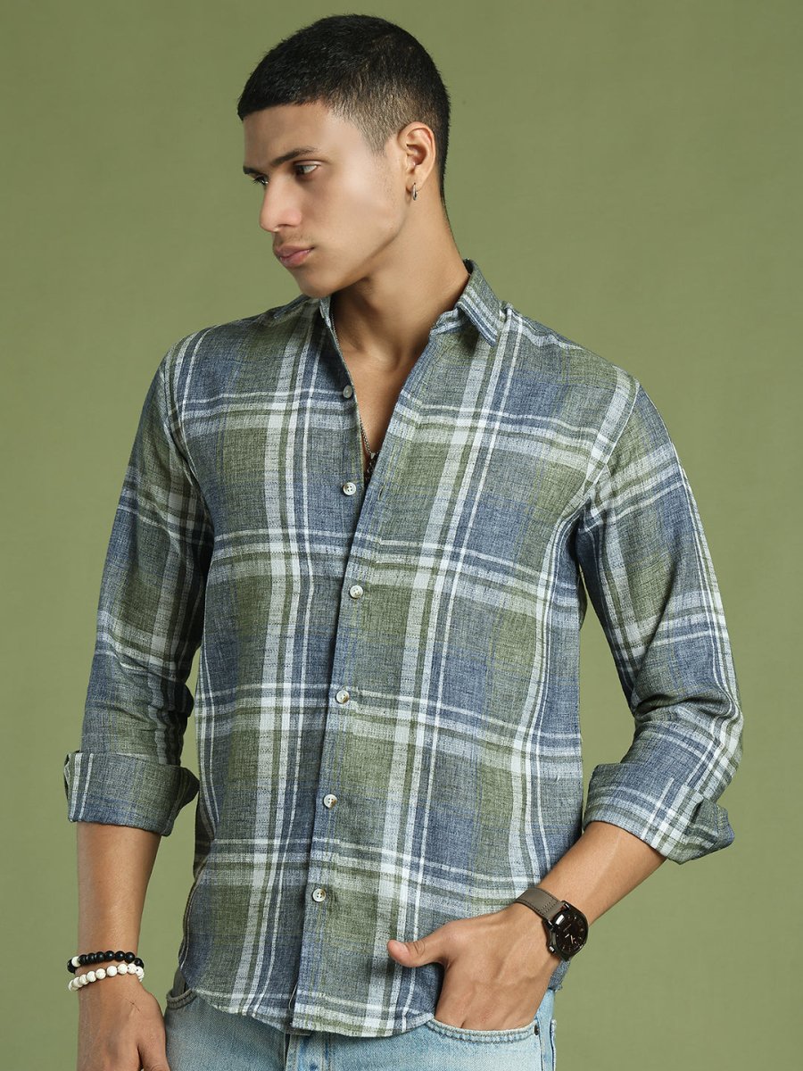 Men's Checked Regular Fit Shirt - SF_9046Green_S