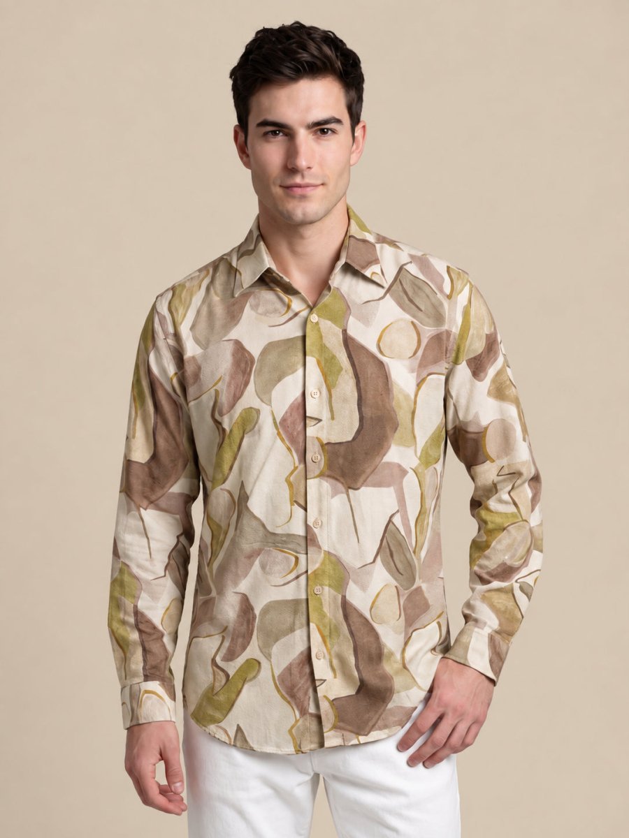 Men’s Cotton Abstract Printed Casual Shirt - SF_064Beige_S