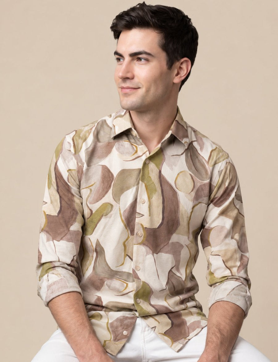 Men’s Cotton Abstract Printed Casual Shirt - SF_064Beige_S