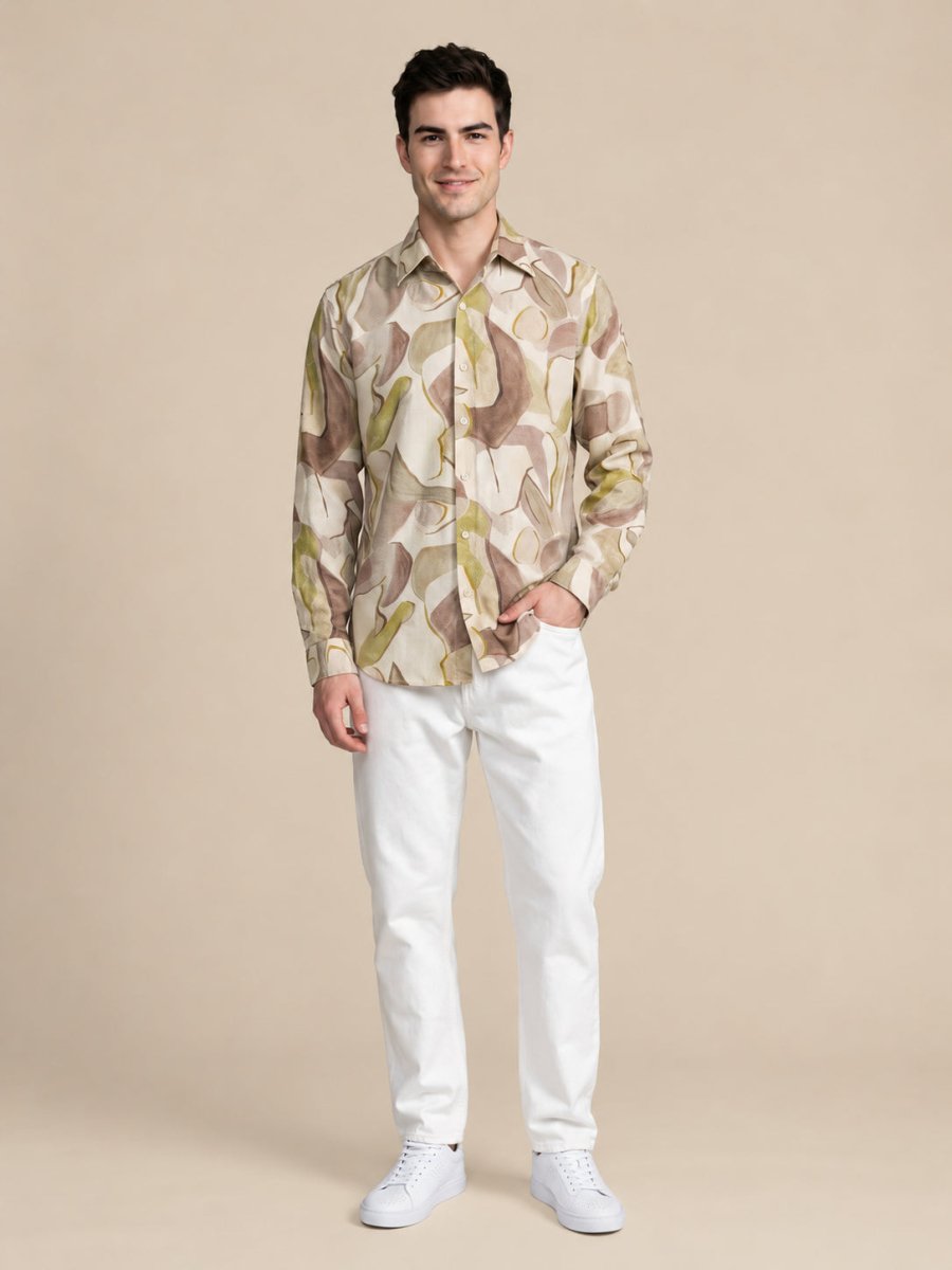Men’s Cotton Abstract Printed Casual Shirt - SF_064Beige_S