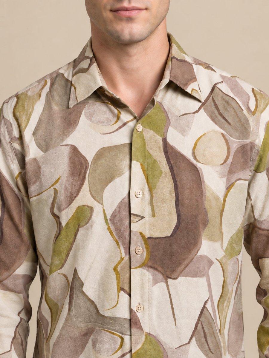Men’s Cotton Abstract Printed Casual Shirt - SF_064Beige_S
