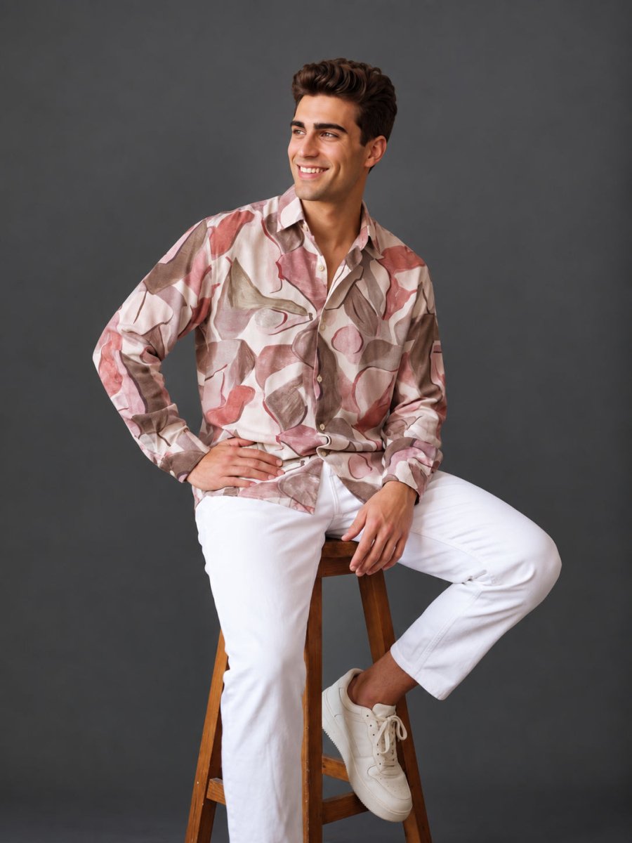 Men’s Cotton Abstract Printed Casual Shirt - SF_064Peach_S