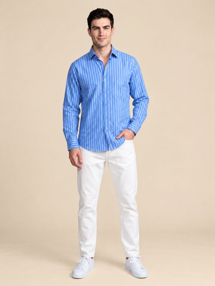Men’s Cotton Blend Blue Striped Casual Shirt - SF_062Blue_S