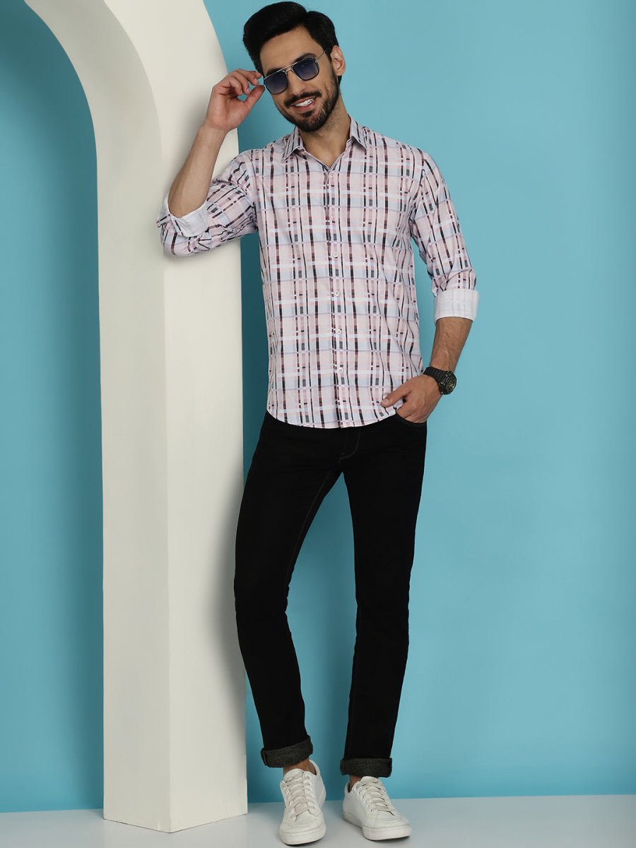 Men's Cotton Blend Checked Casual Shirt for Mens - SF_888Light-Brown_S
