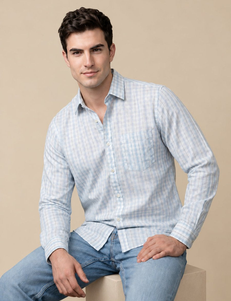 Men’s Cotton Blend Checked Casual Shirt - SF_060Blue_S