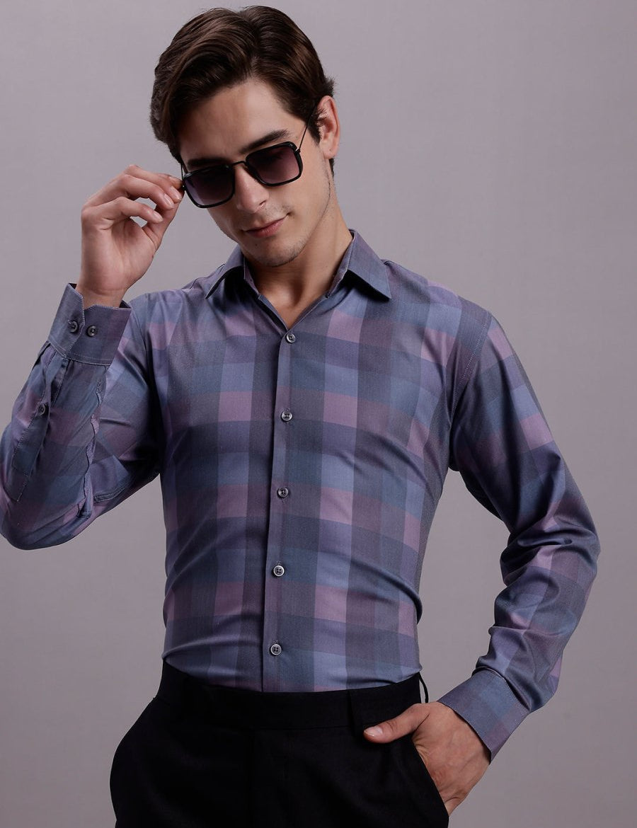 Men's Cotton Blend Checked Formal Shirt - SF_888Purple_S