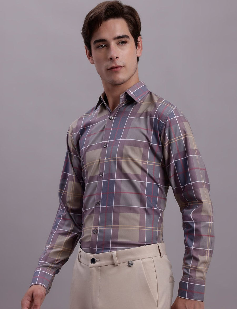 Men's Cotton Blend Checked Formal Shirt - SF_888Brown_S