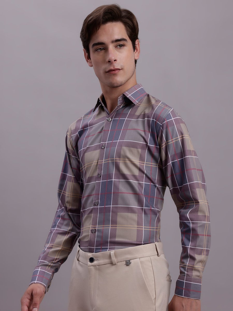 Men's Cotton Blend Checked Formal Shirt - SF_888Brown_S