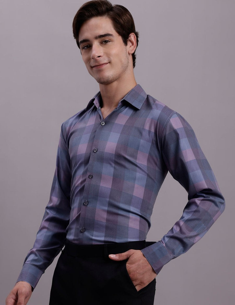 Men's Cotton Blend Checked Formal Shirt - SF_888Purple_S