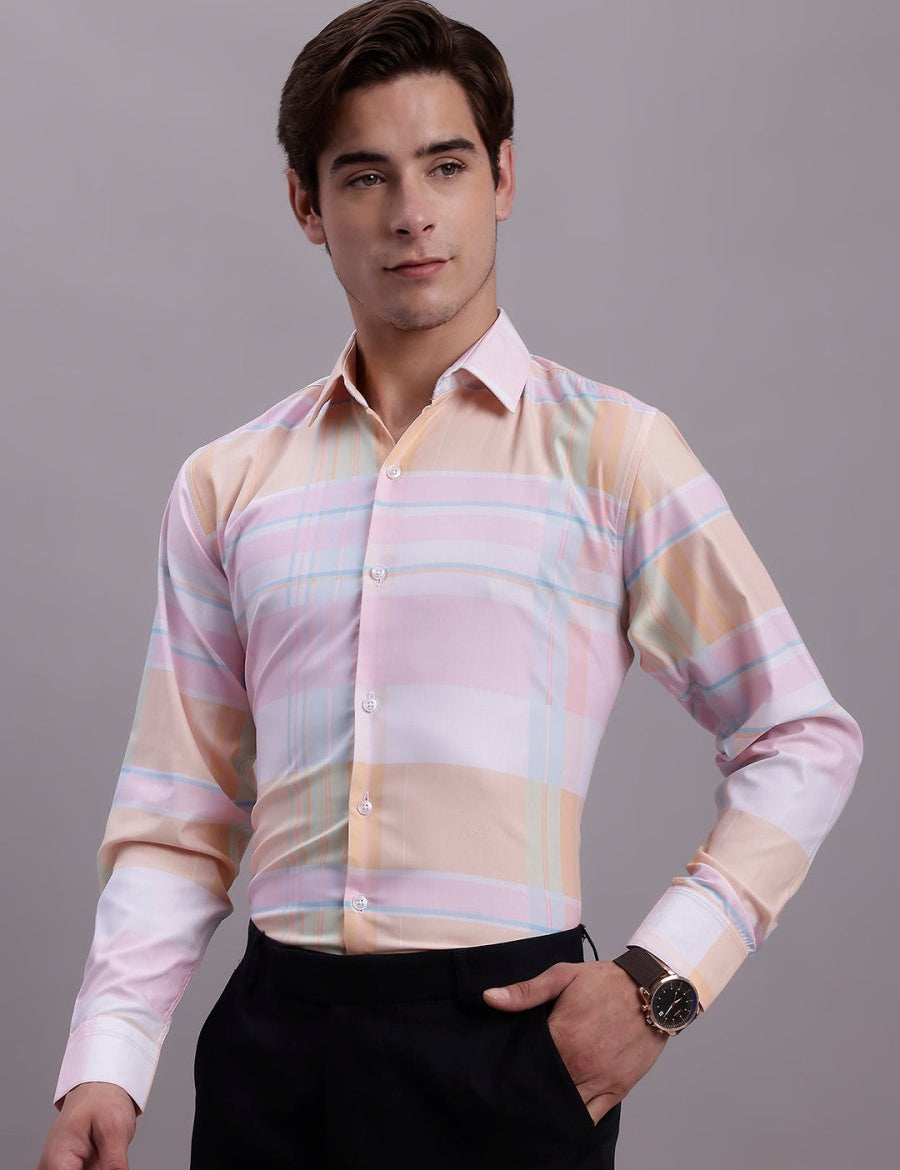 Men's Cotton Blend Checked Formal Shirt - SF_888Pink_S