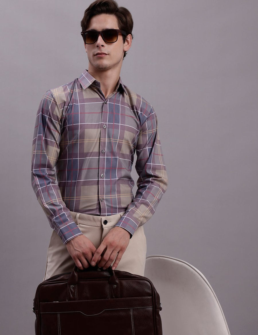 Men's Cotton Blend Checked Formal Shirt - SF_888Brown_S