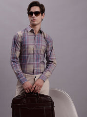 Men's Cotton Blend Checked Formal Shirt - SF_888Brown_S