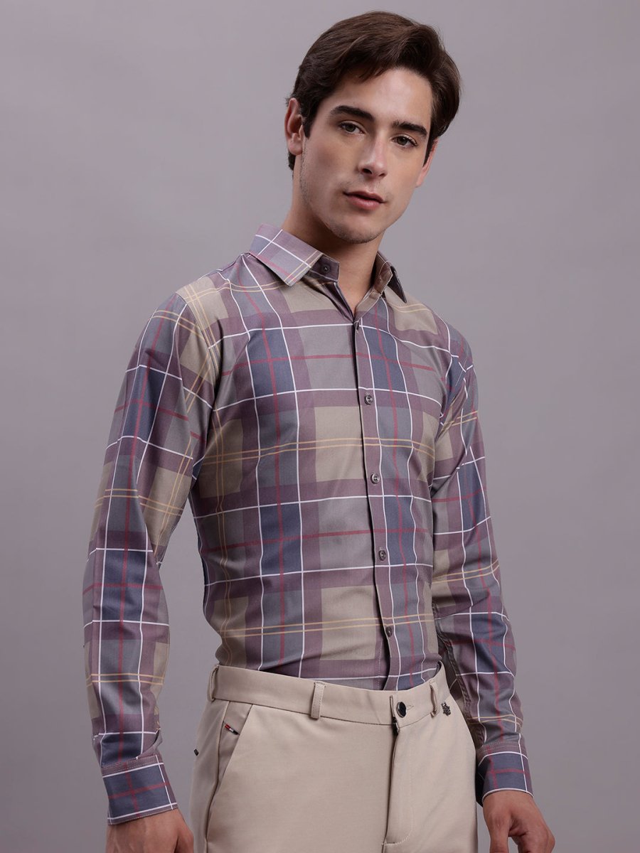 Men's Cotton Blend Checked Formal Shirt - SF_888Brown_S