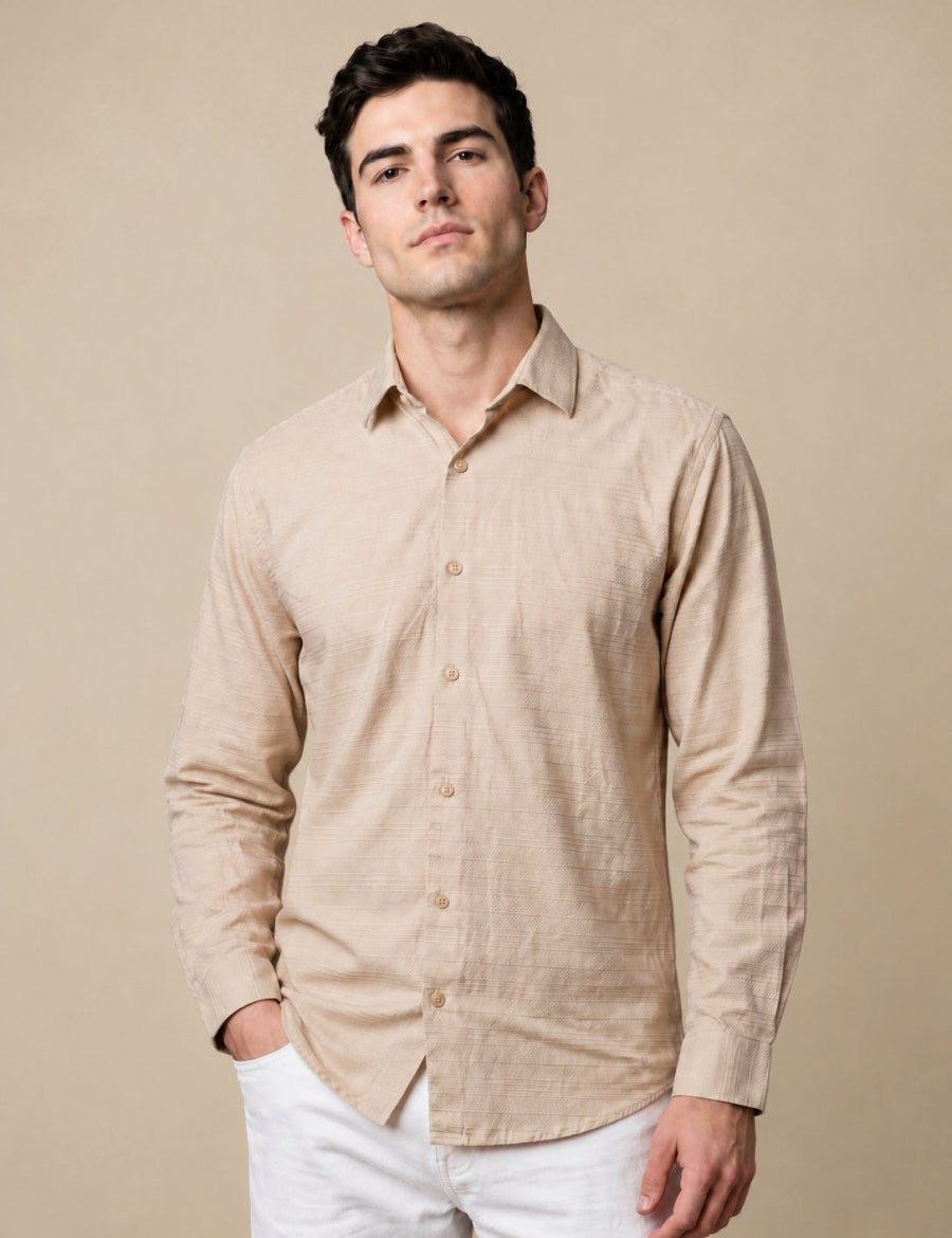 Men’s Cotton Blend Textured Casual Shirt - SF_063Beige_S