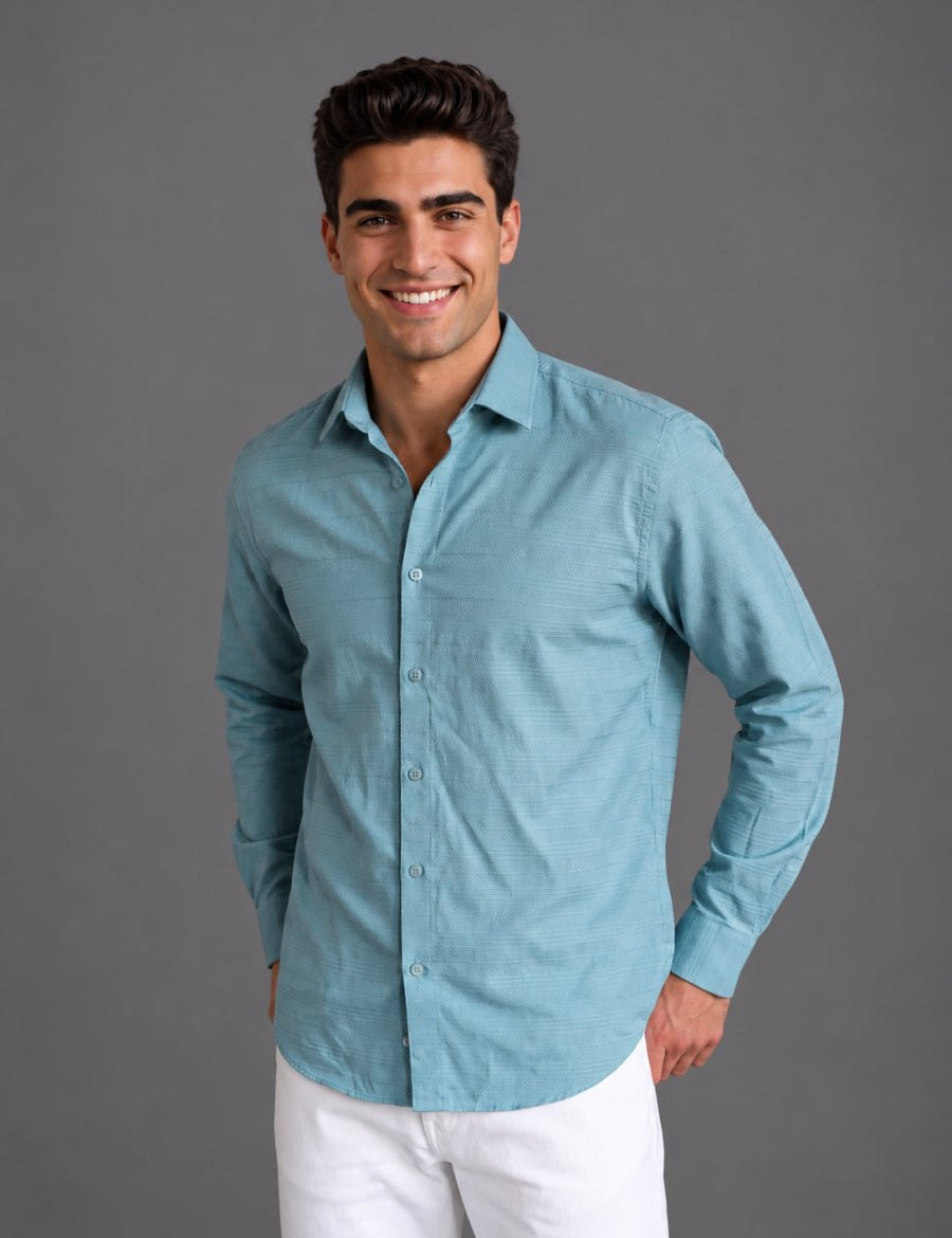 Men’s Cotton Blend Textured Casual Shirt - SF_063Aqua_S
