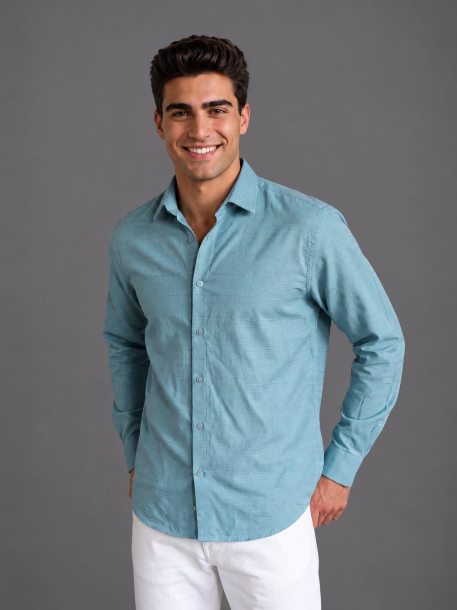 Men’s Cotton Blend Textured Casual Shirt - SF_063Aqua_S