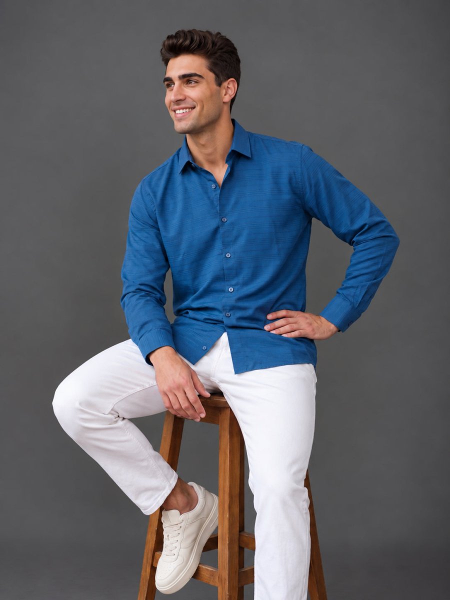 Men’s Cotton Blend Textured Casual Shirt - SF_063Blue_S