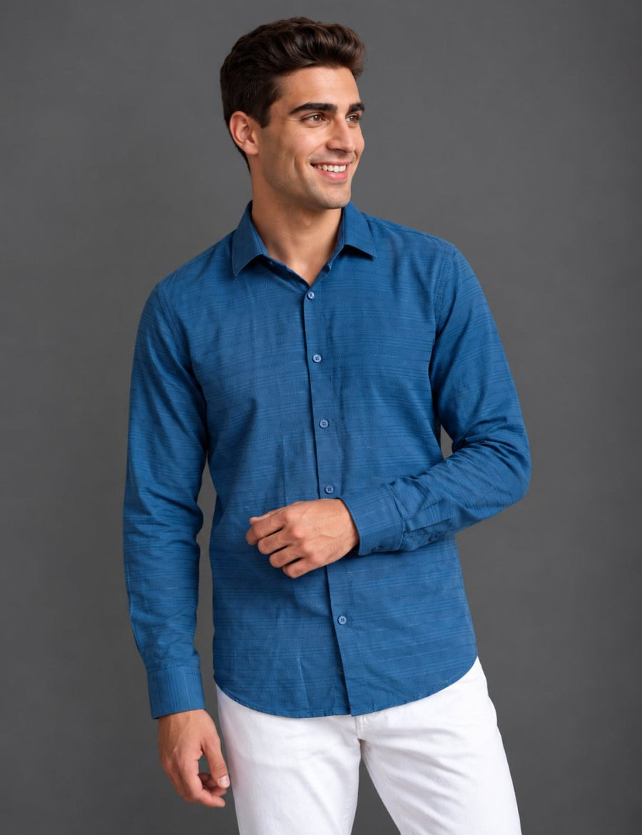 Men’s Cotton Blend Textured Casual Shirt - SF_063Blue_S