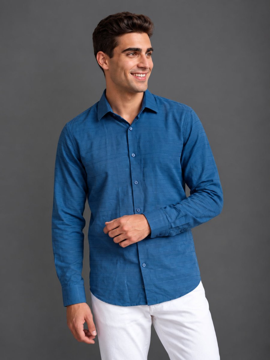 Men’s Cotton Blend Textured Casual Shirt - SF_063Blue_S