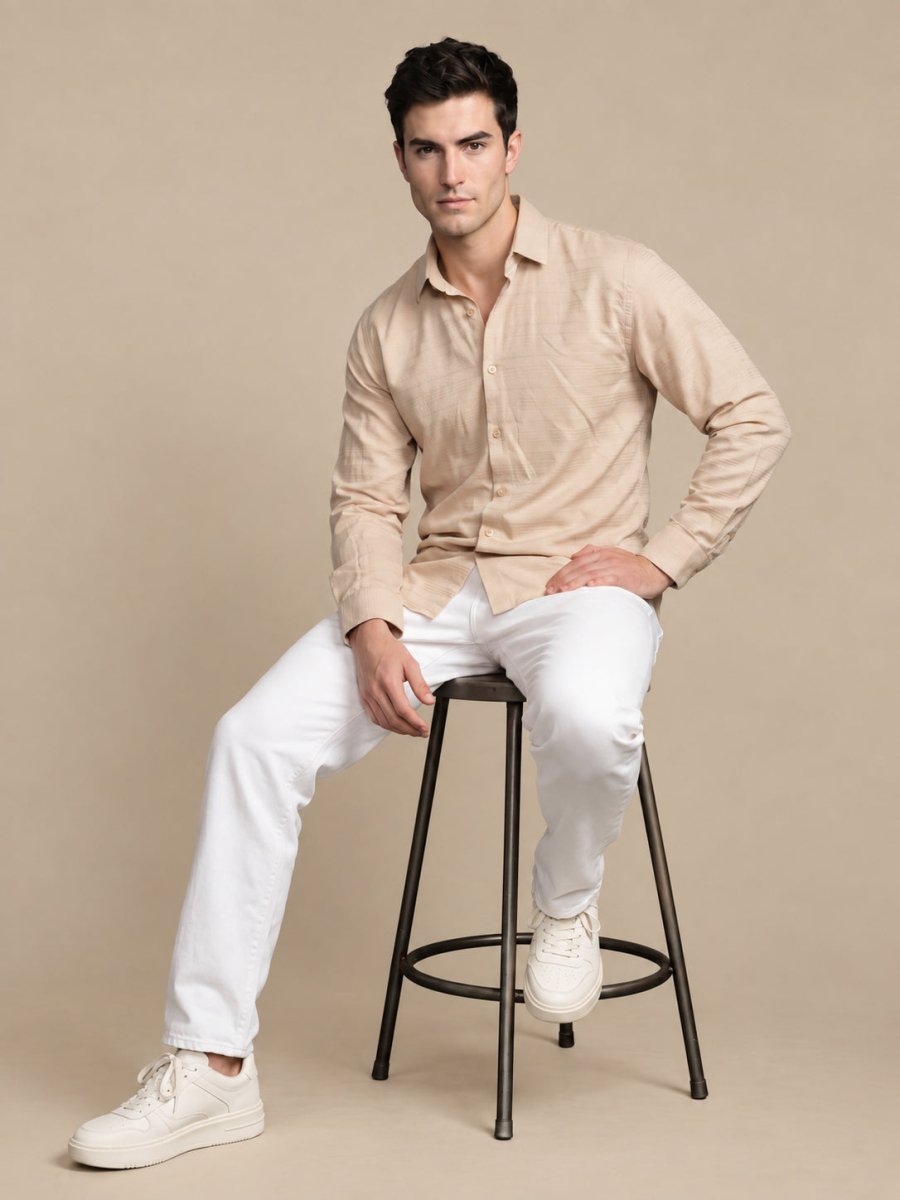 Men’s Cotton Blend Textured Casual Shirt - SF_063Beige_S