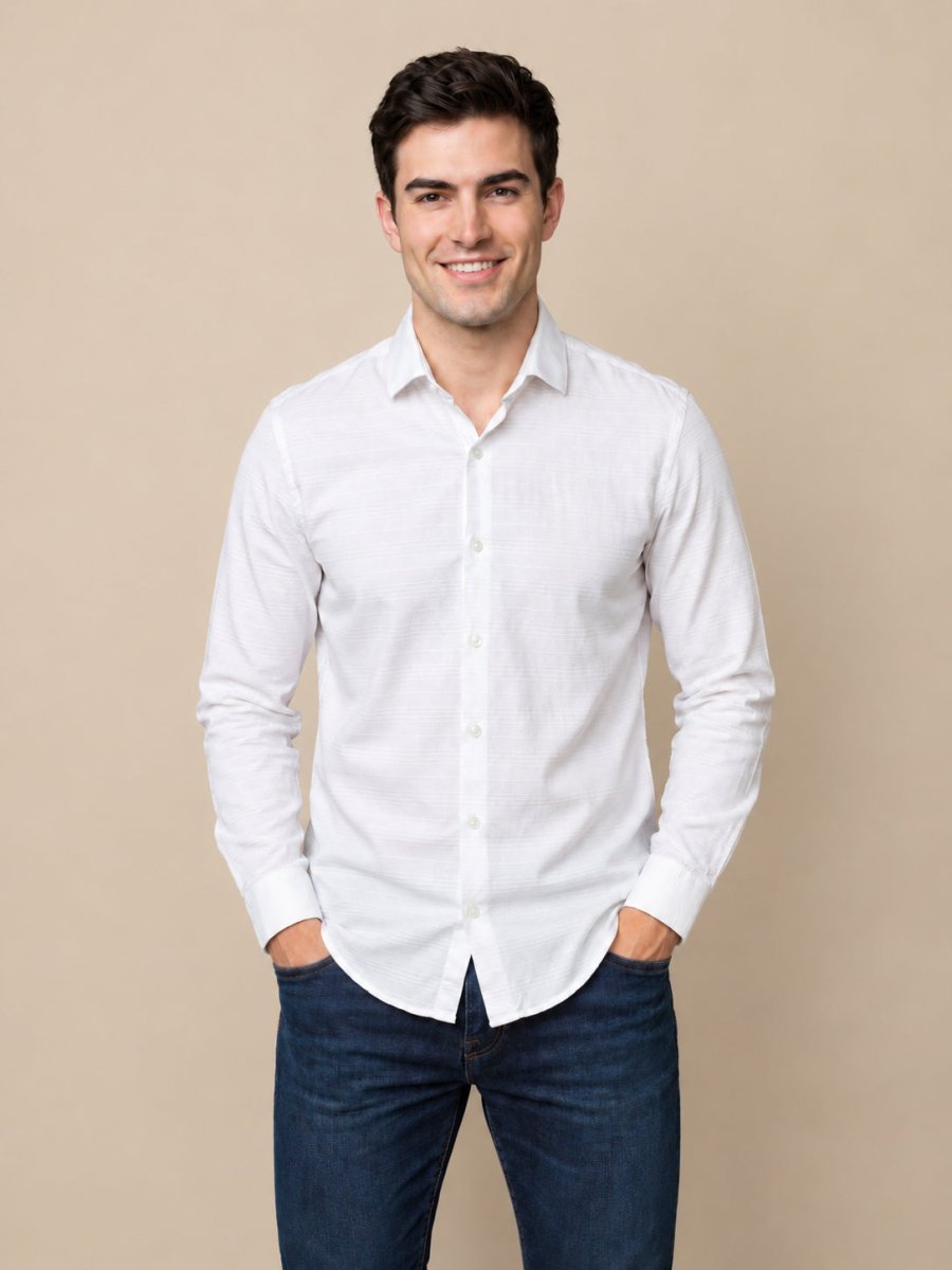 Men’s Cotton Blend Textured Casual Shirt - SF_063White_S