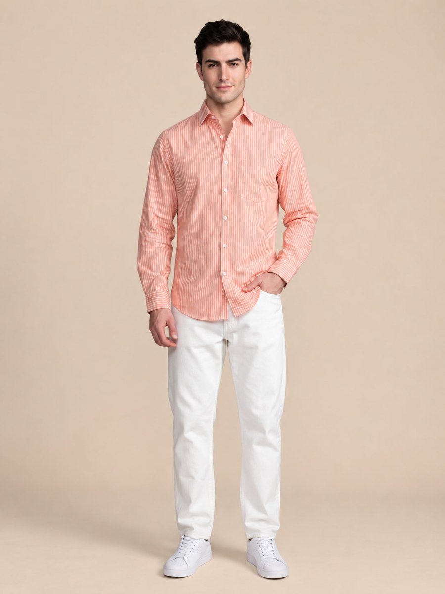Men’s Cotton Blend Vertical Striped Casual Shirt - SF_067Orange_S