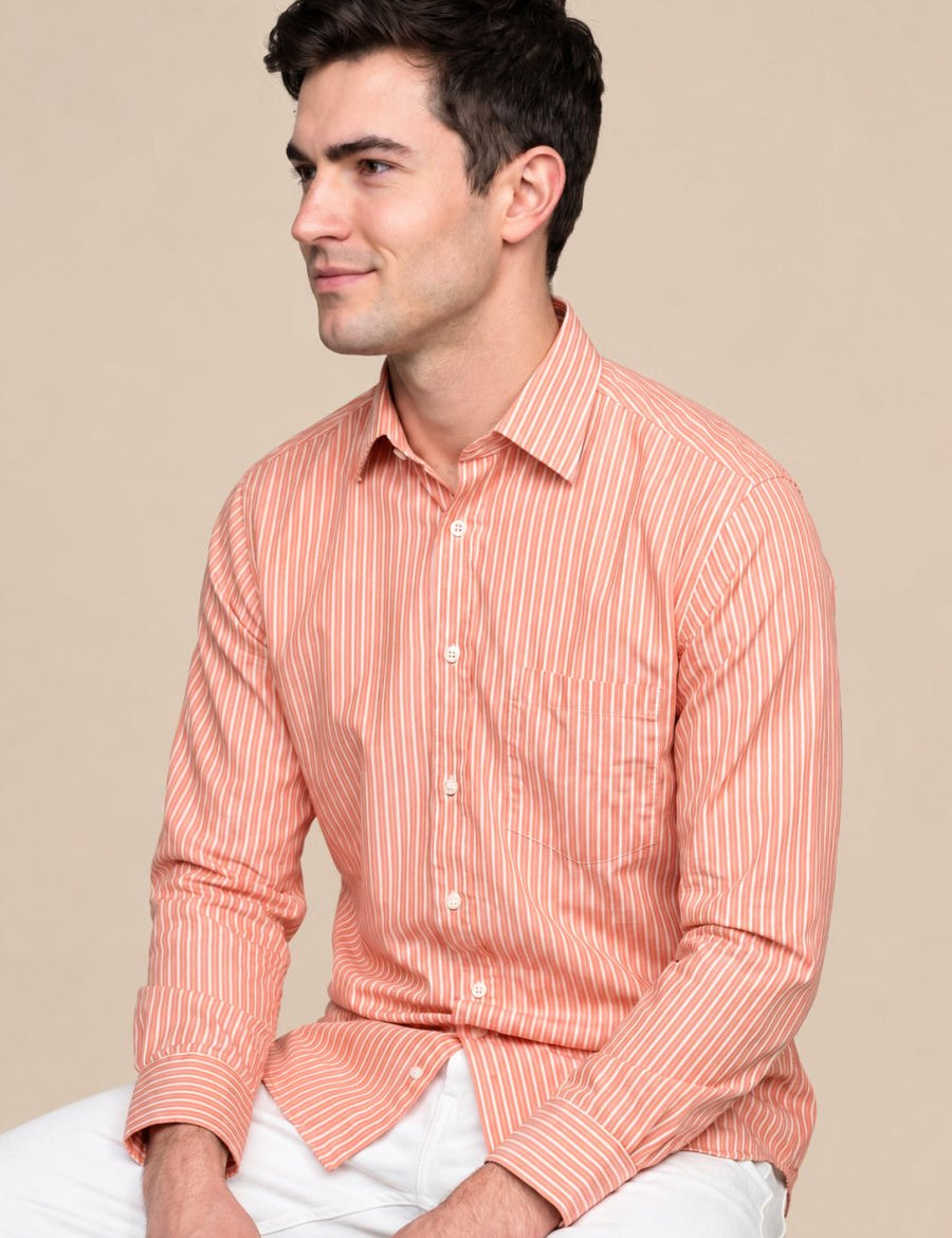 Men’s Cotton Blend Vertical Striped Casual Shirt - SF_067Orange_S