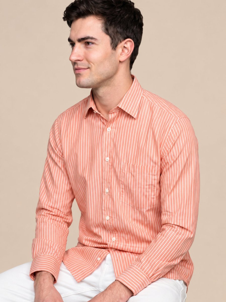 Men’s Cotton Blend Vertical Striped Casual Shirt - SF_067Orange_S