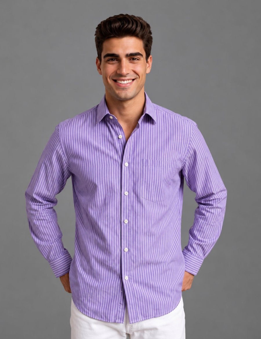 Men’s Cotton Blend Vertical Striped Casual Shirt - SF_067Purple_S