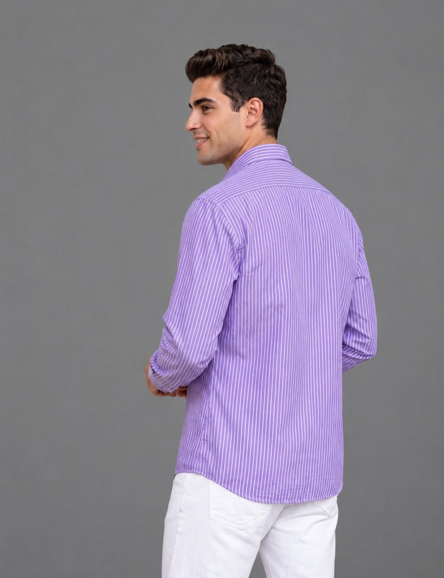 Men’s Cotton Blend Vertical Striped Casual Shirt - SF_067Purple_S