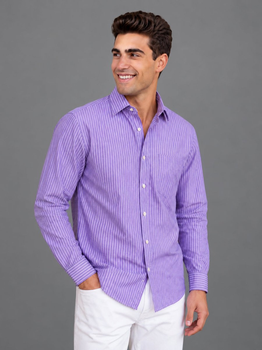 Men’s Cotton Blend Vertical Striped Casual Shirt - SF_067Purple_S