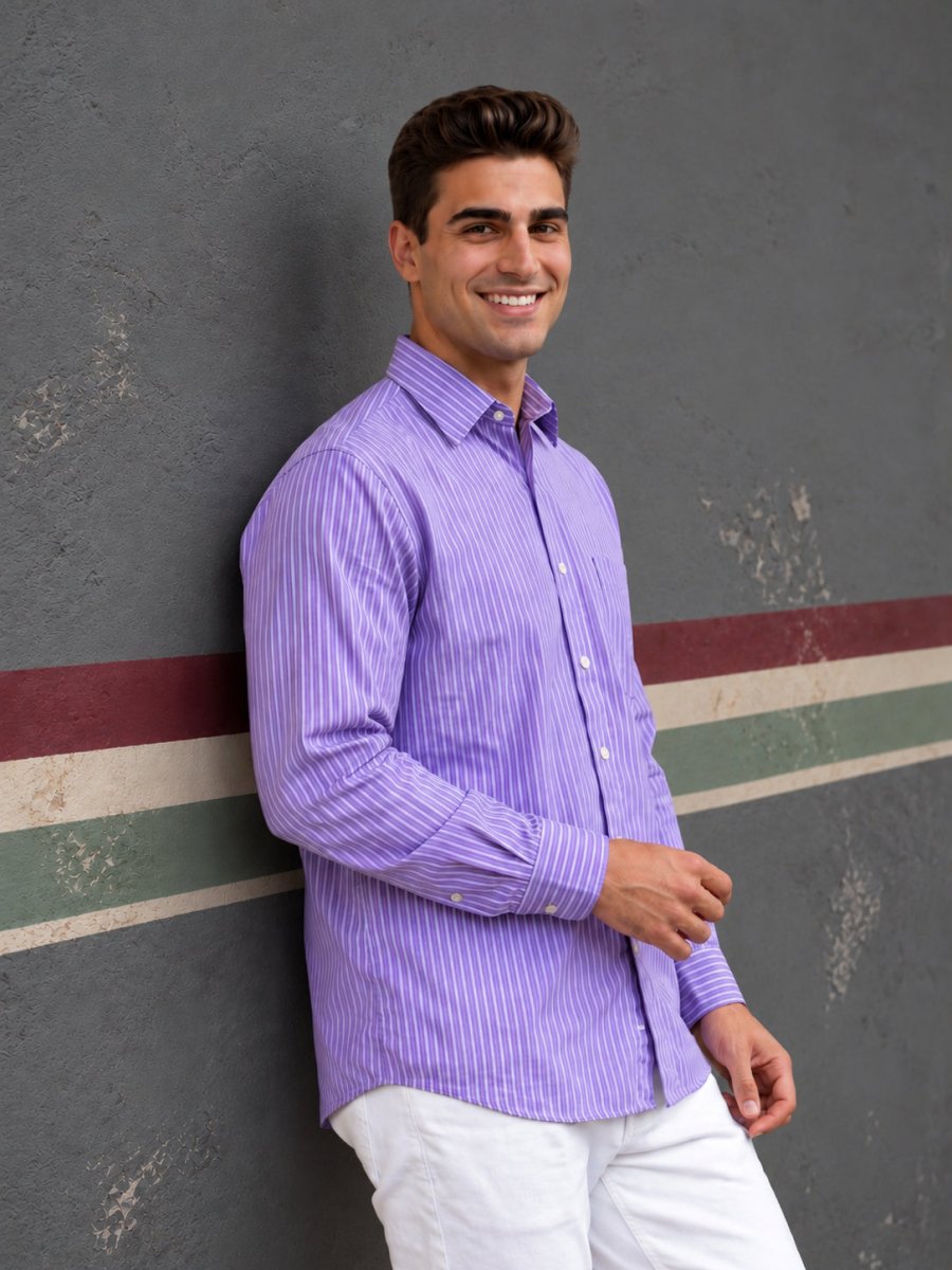 Men’s Cotton Blend Vertical Striped Casual Shirt - SF_067Purple_S