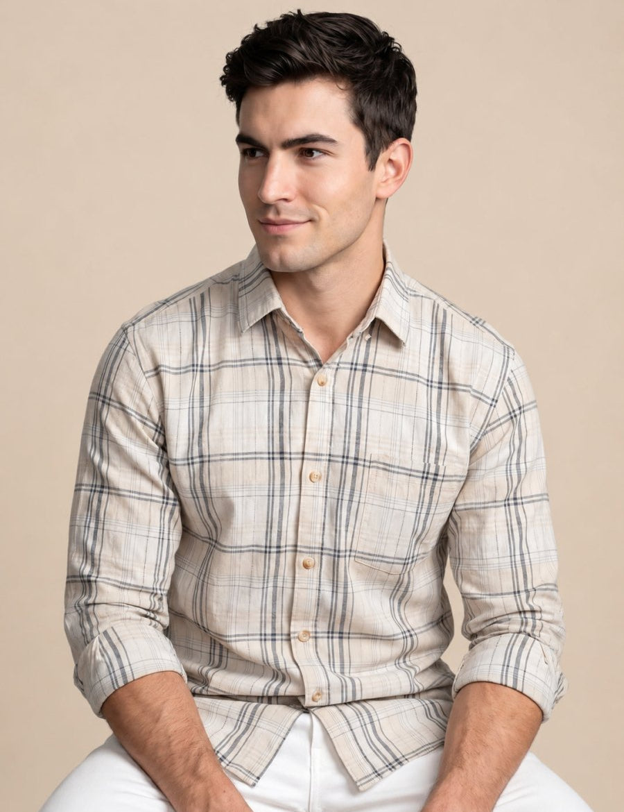 Men’s Cotton Checked Casual Shirt - SF_066Beige_S