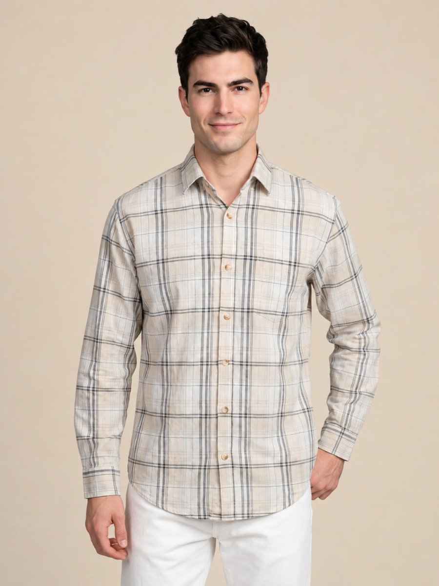 Men’s Cotton Checked Casual Shirt - SF_066Beige_S