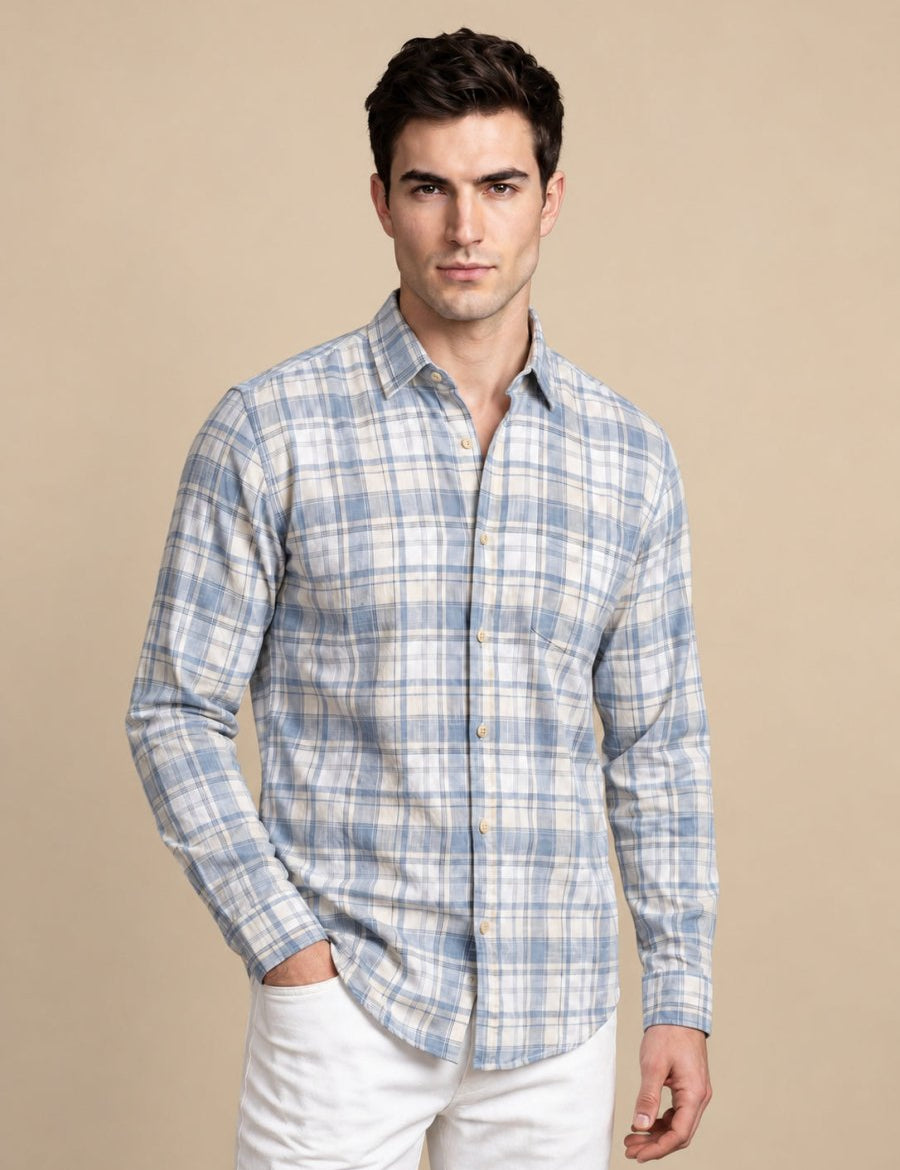 Men’s Cotton Checked Casual Shirt - SF_066Blue_S