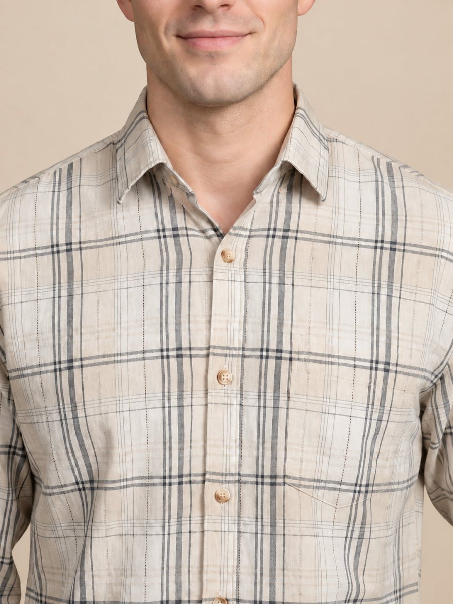 Men’s Cotton Checked Casual Shirt - SF_066Beige_S