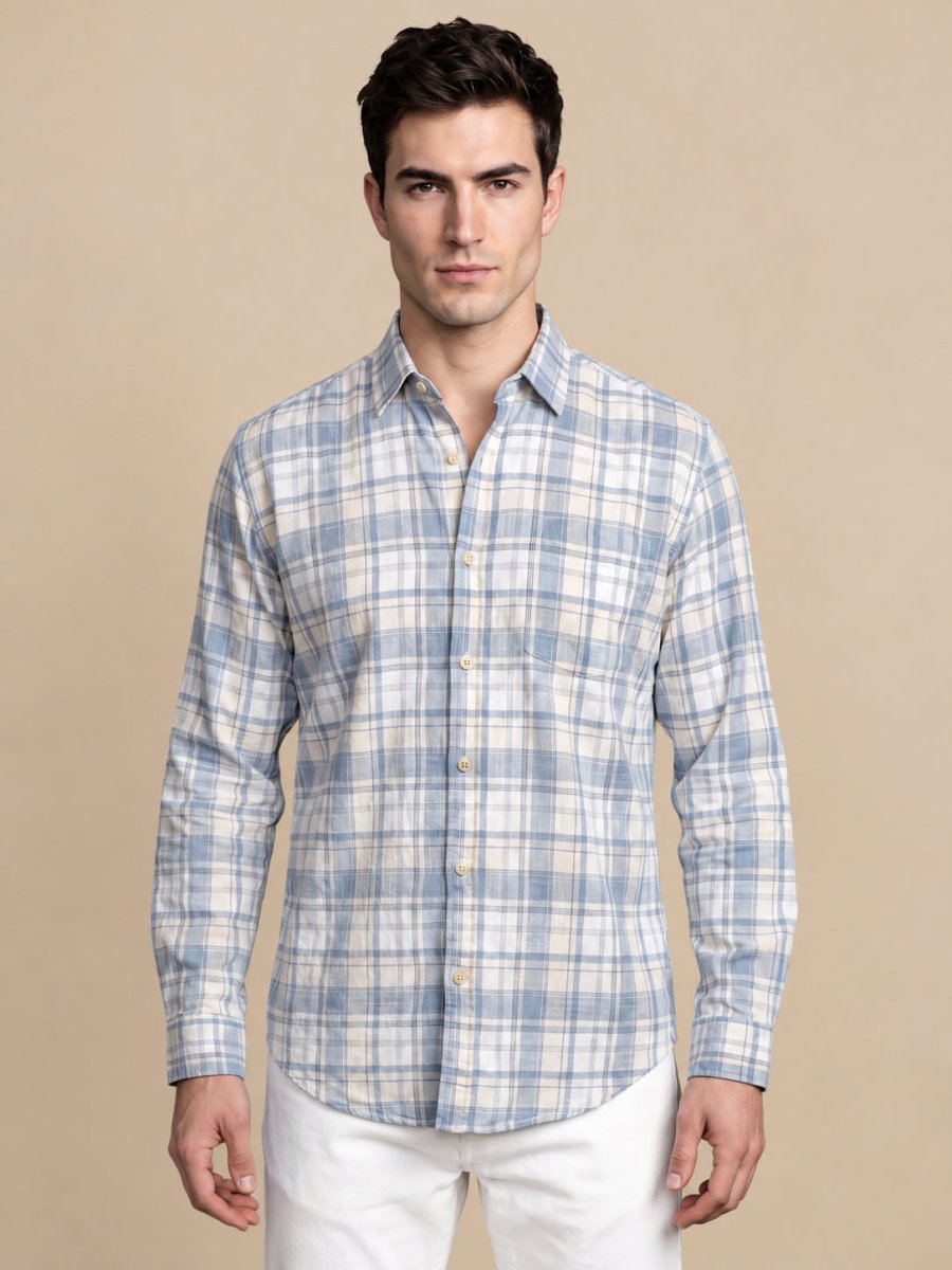 Men’s Cotton Checked Casual Shirt - SF_066Blue_S