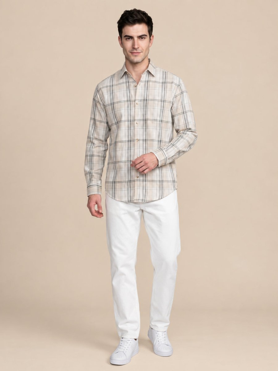 Men’s Cotton Checked Casual Shirt - SF_066Beige_S