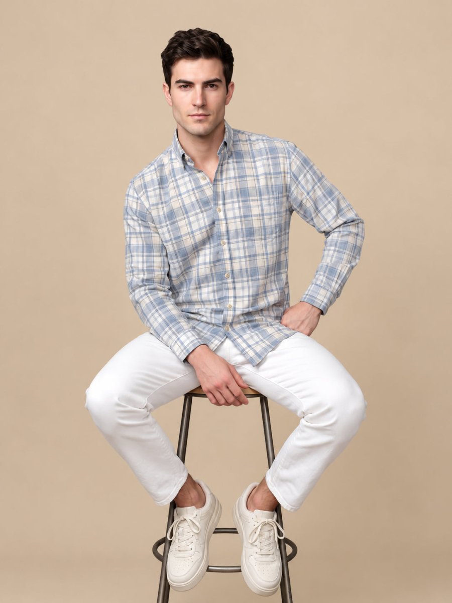 Men’s Cotton Checked Casual Shirt - SF_066Blue_S