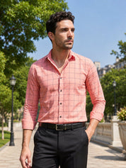 Men's Cotton Checked Formal Shirts - SF_742Peach_S